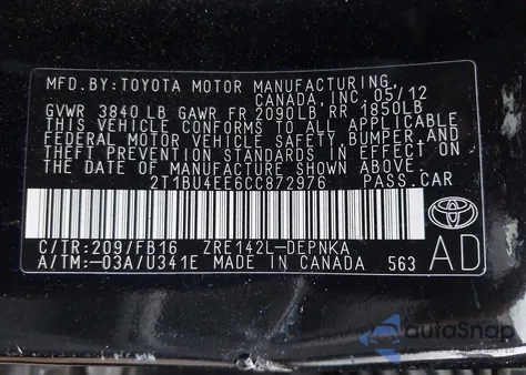 2012 Toyota Corolla Le из США, поврежденный, VIN 2T1BU4EE6CC872976